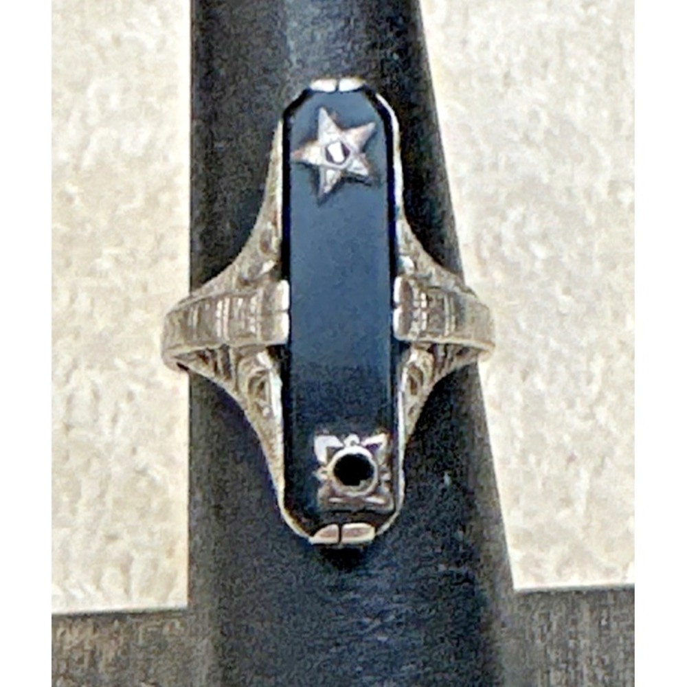 Antique 14K White Gold Eastern Star Onyx Filigree Ring Sz 5 Missing Diamond READ